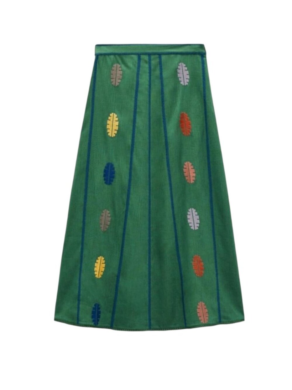 Zara Embroidered Maxi Midi Skirt Womens Small Green High Rise Linen Blend Print